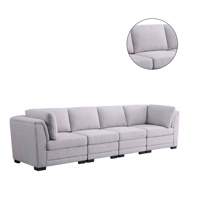 Linen Fabric Upholstered 4-Seater Modular Sofa in Light Gray and Black