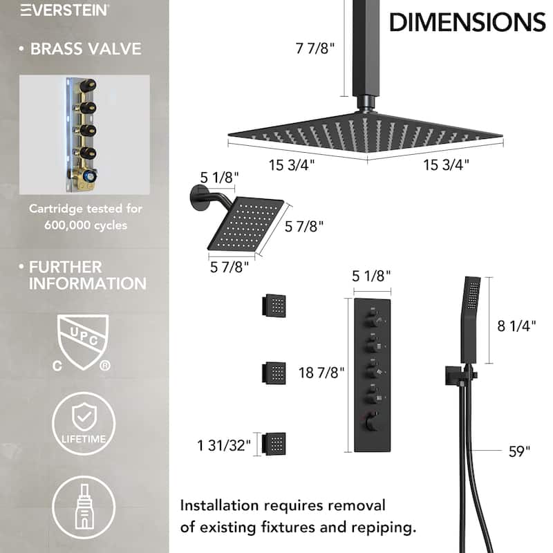 Dual Heads 16" Rainfall & High Pressure 6" Shower Head 3 Way Thermostatic Faucet System w/ 3 Body Jets