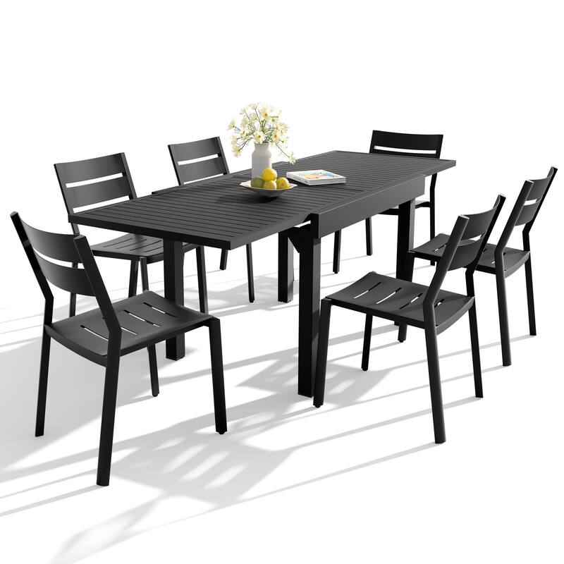 VredHom 7PC Outdoor Patio Aluminum Expandable Rectangle Table Dining Set with Stackable Chairs - Black