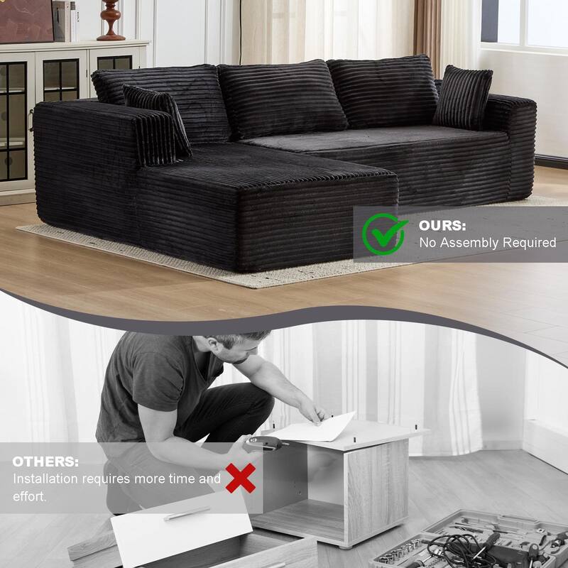 Boneless L-shaped Sectional Sofa with Chaise, Modular Sleeper Sofa Bed Corduroy Compression Deep Seat Sectional Couch