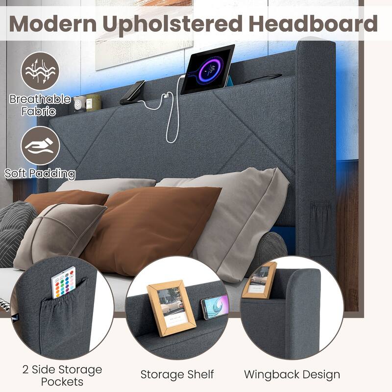 Gymax Bed Frame w/LED Lights Charging Station 2 Storage Pockets & 4