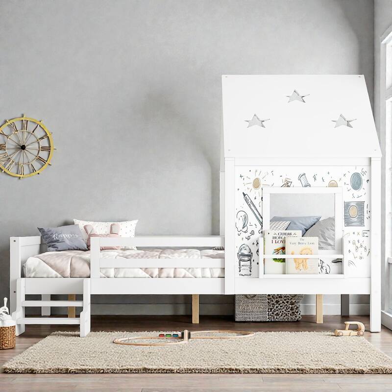 Kids House Platform Bed with Stairs, Star Roof, Window, Bookcase & Blackboard, Solid Wood Low Profile Bed No Box Spring - Light White - Full