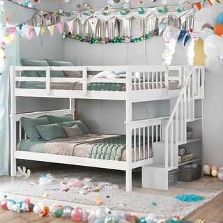 Full-Over-Full Bunk Bed with Stairway, Storage and Guard Rail