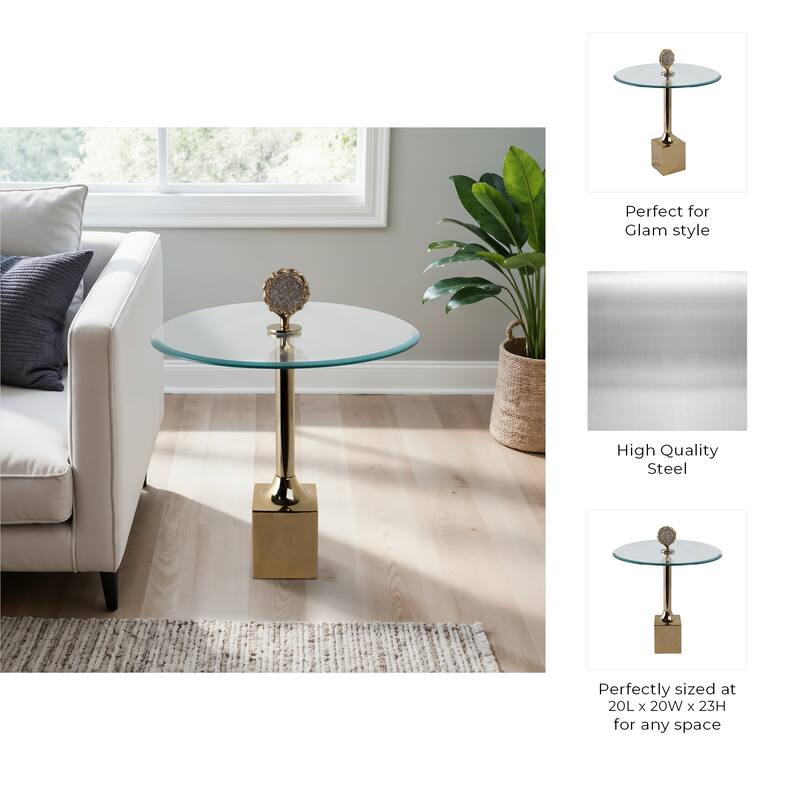 Glass Top Accent Side Table with Sculptural Base Round Modern Design - 20" x 20" x 23"