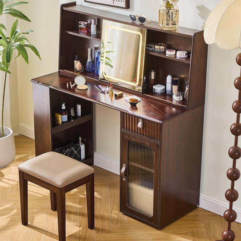 Mid-Century Modern Makeup Vanity Desk Set Includes Dressing Table & Stool, Sliding Makeup Mirror with 3-Color LED Light, Walnut