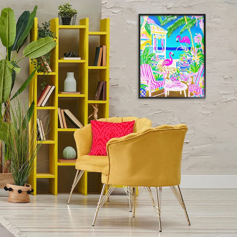 Stupell Vivid Flamingos on Tropical Beach Framed Giclee Art Design By Jess Stempel