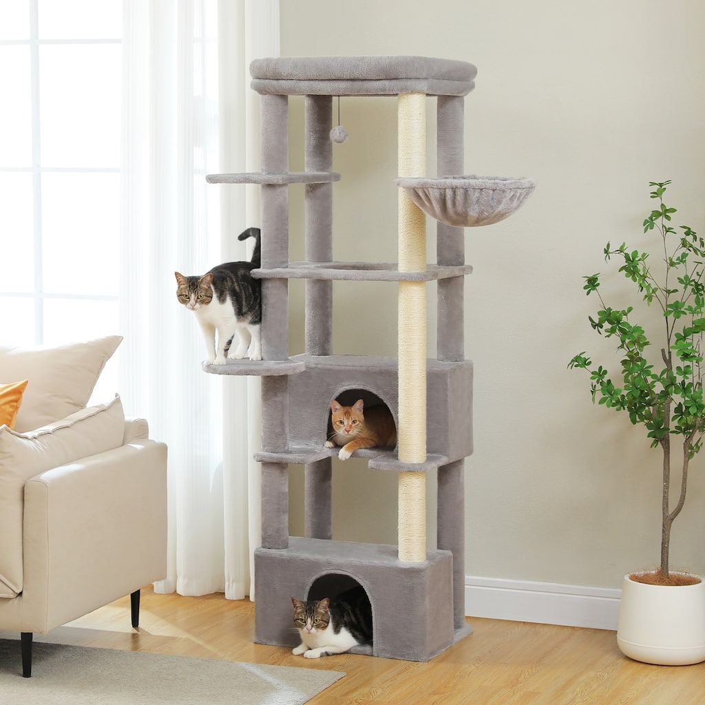 Tall Cat Tree Tower for Indoor Big Cats with Extra-Large Top Perch, 2 Large Condos, Cat Scratching Post and Cozy Hammock