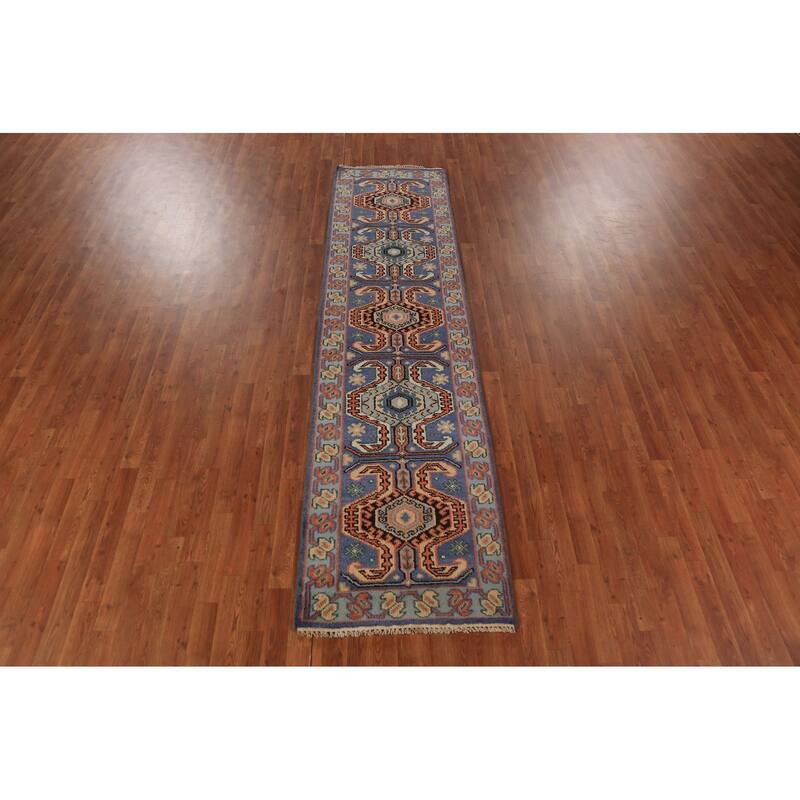 Geometric Kazak Indian Runner Rug Handmade Blue Wool Carpet - 2'6"x 9'10"
