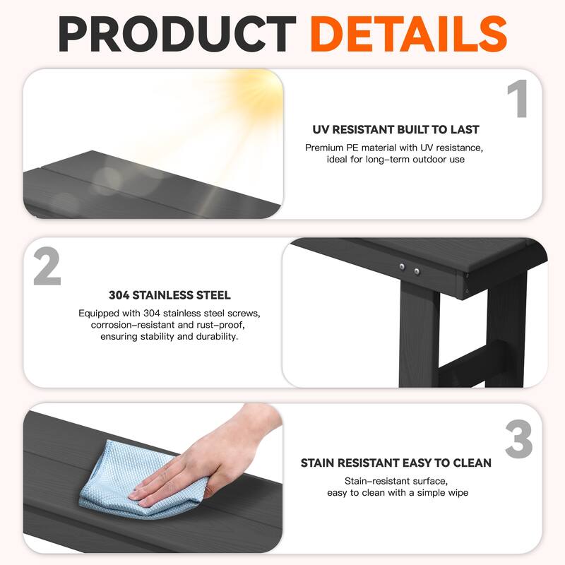 3-Piece HDPE Outdoor Dining Set with Umbrella Hole Table and Two 2-Person Benches