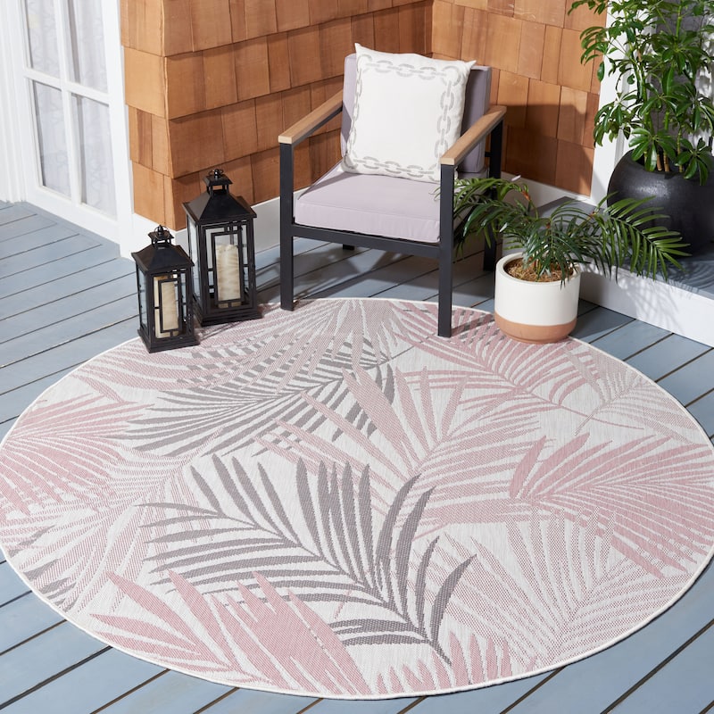 SAFAVIEH Courtyard Mitsuki Indoor/ Outdoor Waterproof Patio Backyard Rug - 6'7" Round - Ivory/Pink