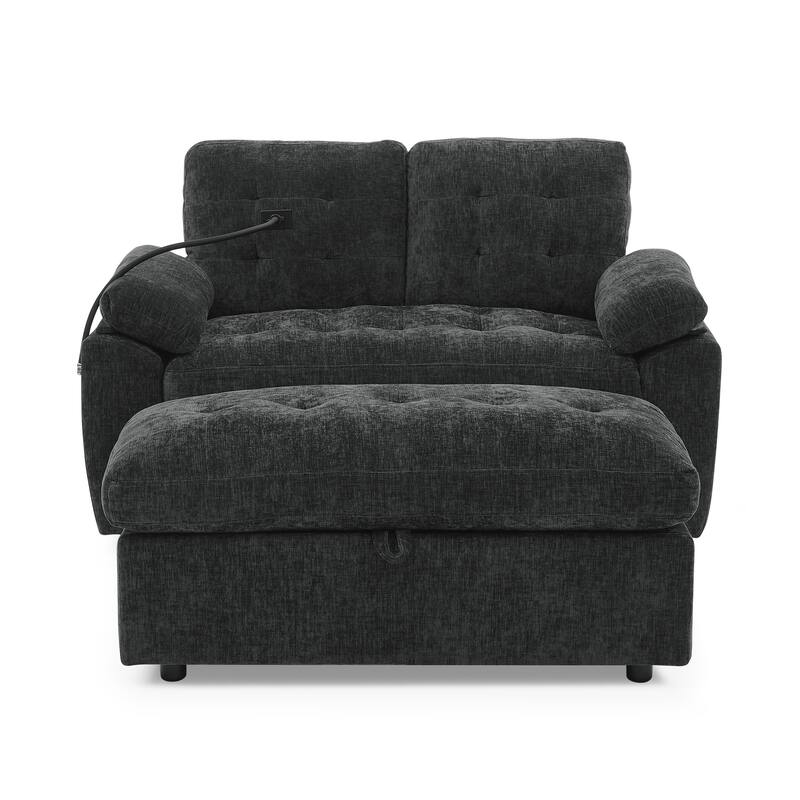 Double Recliner Chair with Adjustable Backrest, Storage Ottoman, USB Port & Phone Stand