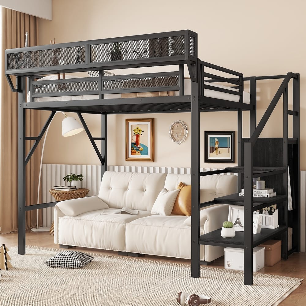 Metal Loft Bed with Wooden Stairs Built-in Storage Shelves and Wardrobe, High Loft Bed Frame with Side Grid Storage Rack