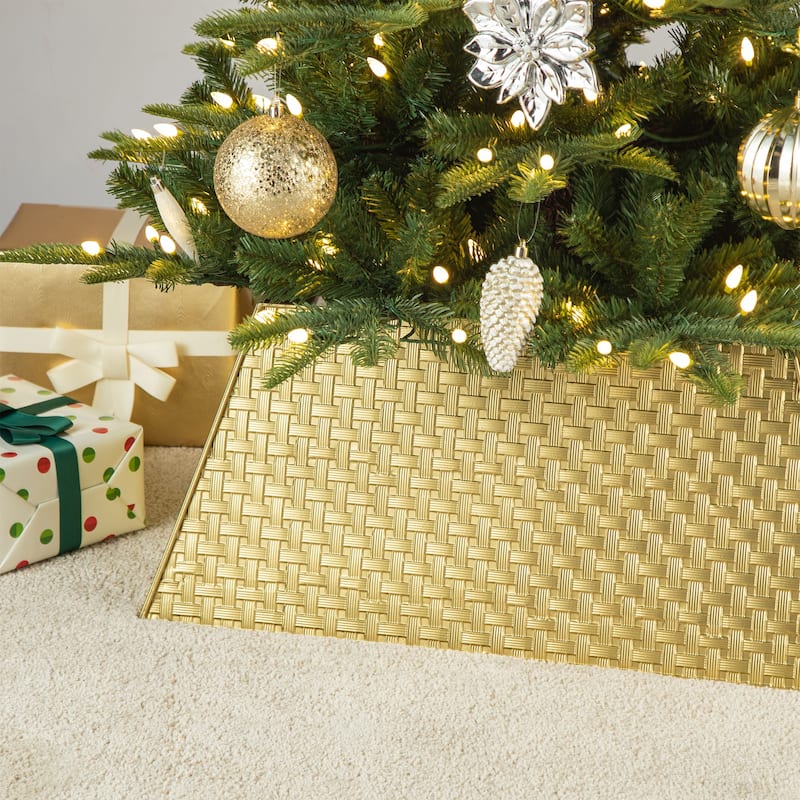 Glitzhome 25.75"L Trapezoid Glossy Metal Weave Christmas Tree Collar - 25.5"L