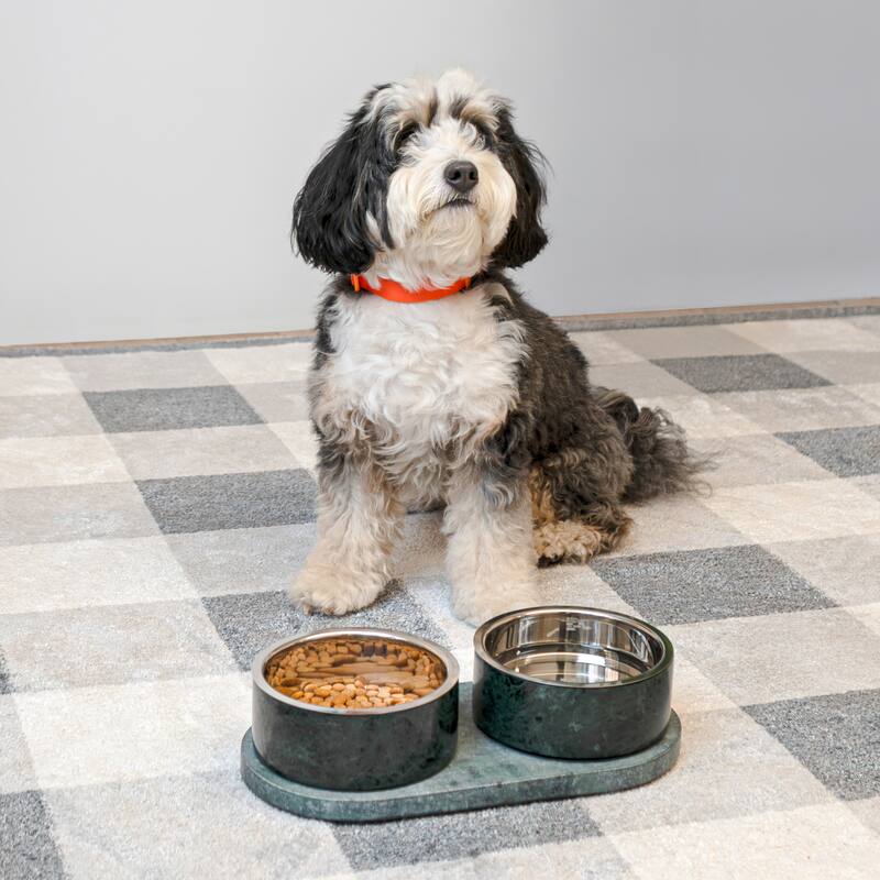 Marbre 12oz Double Pet Bowl Set - Marble & Stainless Steel with Non-Slip Tray