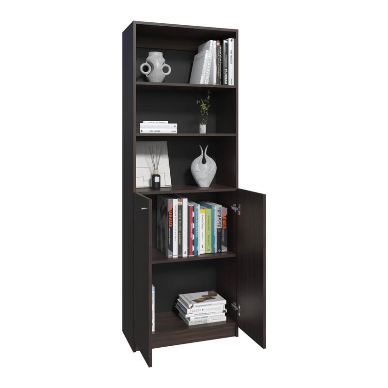 Home 2 Door Bookcase With Two Open Shelves And Concealed Storage,Stained Walnut