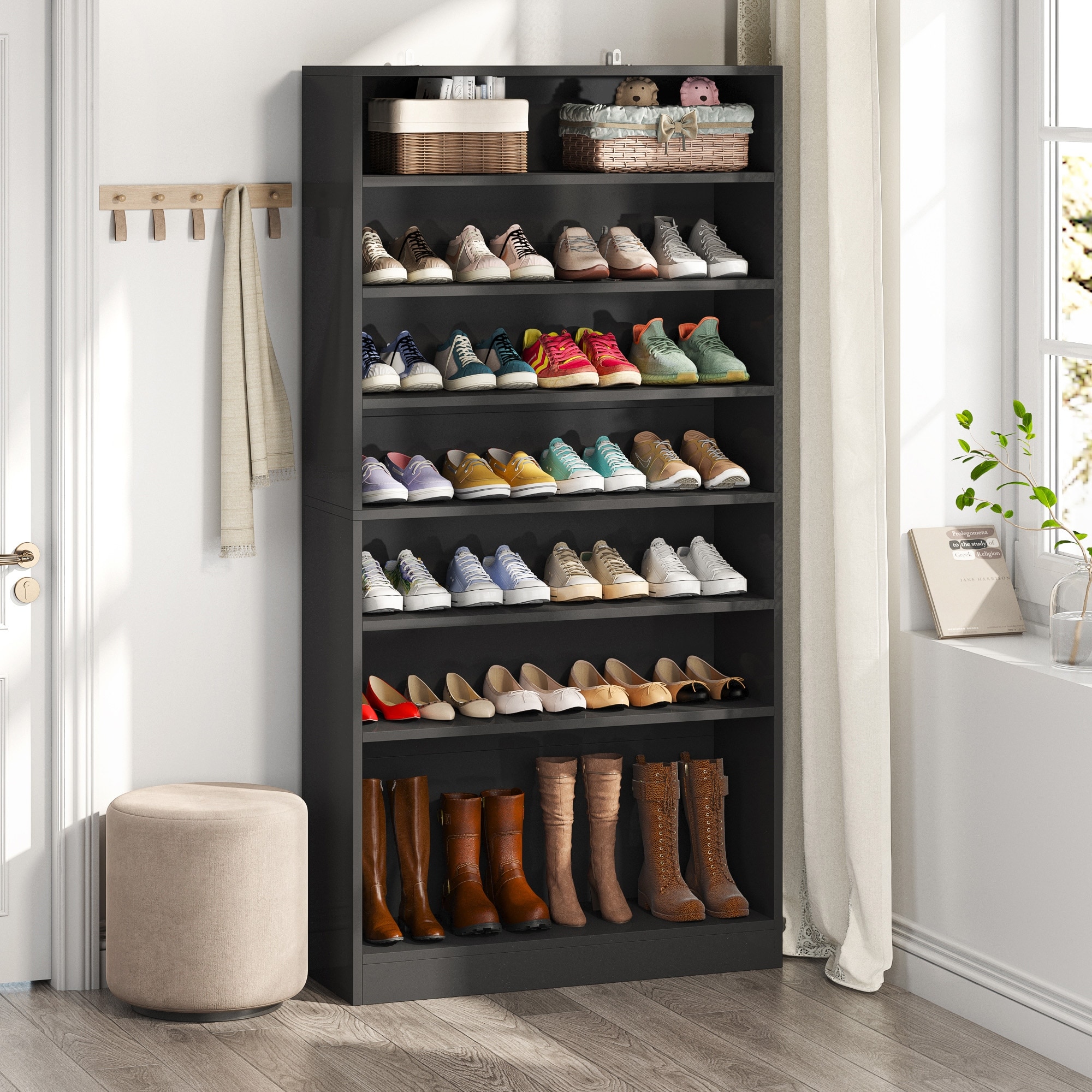 Tribesigns Shoe Cabinet 5-Tier Shoe Storage Cabinet with Open Shelves & Hooks, Freestanding Wooden Shoe Rack Storage Modern Shoe Organizer for