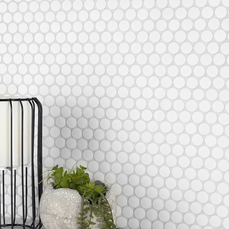 Merola Tile Gotham Penny Round White 9-3/4" x 11-1/2" Porcelain Floor and Wall Tile