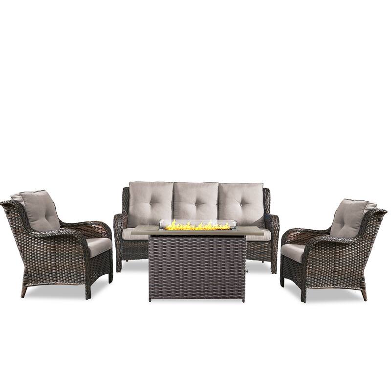 Fire Pit Table with Patio Sofa Club Chairs Brown-Beige - Brown