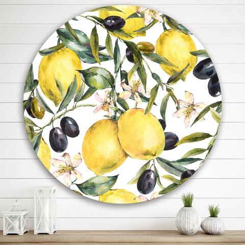 Designart 'Lemon and Olive Branches I' Tropical Metal Circle Wall Art