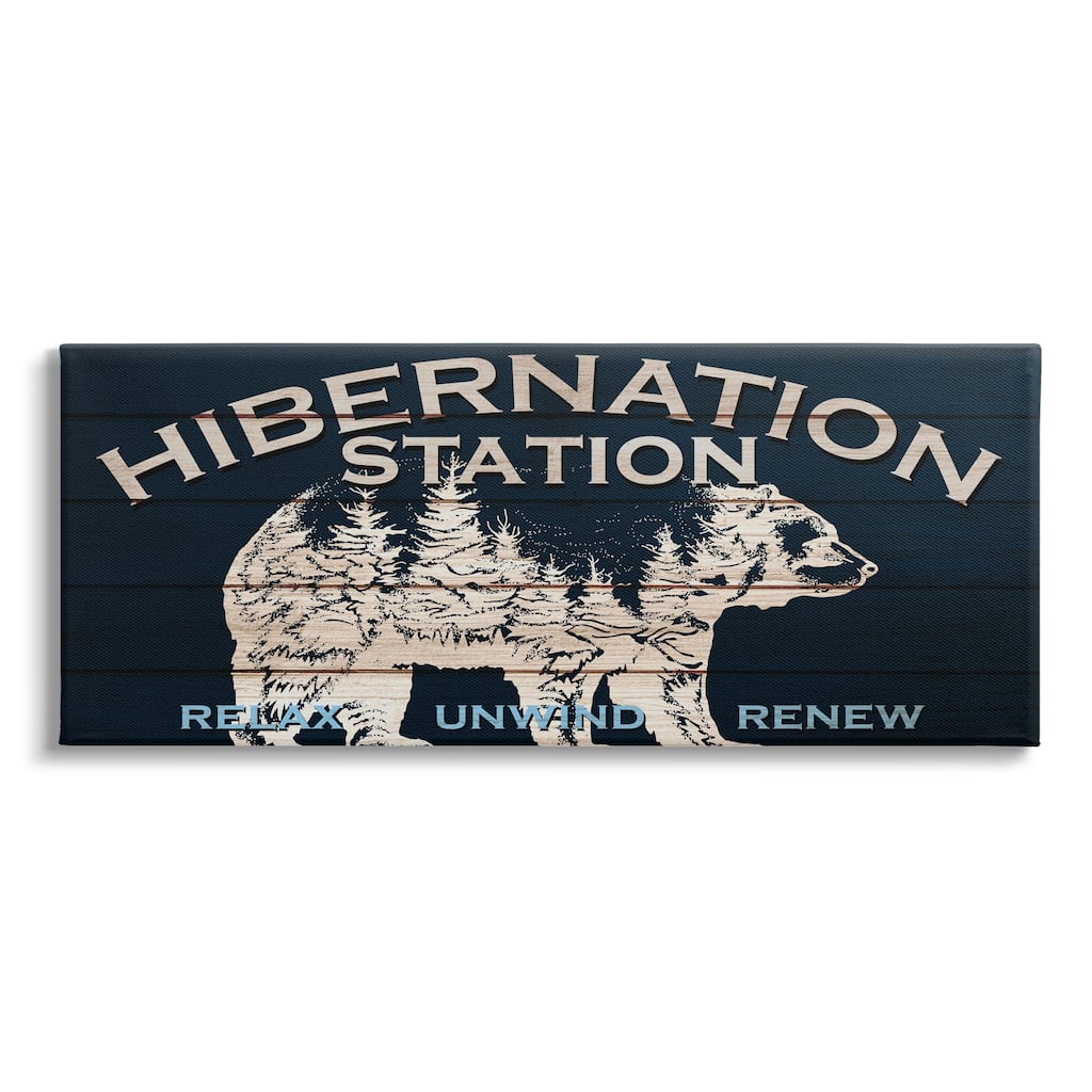 Stupell Hibernation Station Sign Wilderness Bear Trees Silhouette Canvas Wall Art - Black