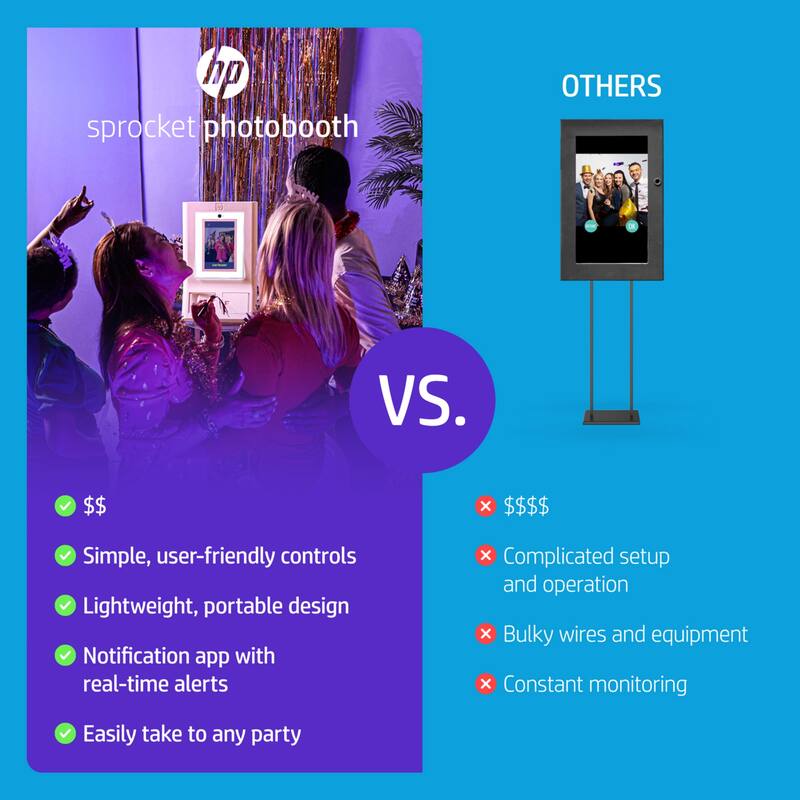 HP Sprocket Photobooth 3" x 4" Color Photo Printer with Touch Screen, LED Ring Light, Wi-Fi - Pink