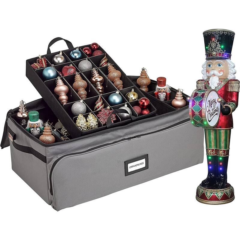 Premium Christmas Ornament Storage Box - Hold Up to 72 - 3 Inch Ornaments, + 8 Side Slots for Figurines, Nutcrackers, etc. - grey