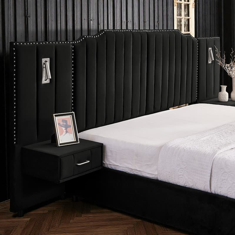 Modern Upholstered Bed Frame with Velvet Headboard, Vertical Channel Button Design, Integrated Nightstand, Platform Support