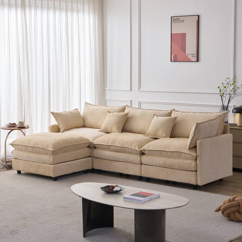 105" Modular Sectional Sofa with Ottoman, Upholstered Chenille Fabric 3-Seater