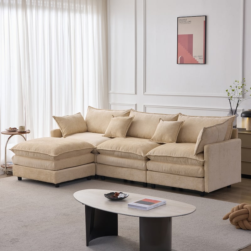 Chenille Upholstered L-shaped Sectional Sofa 3 Seater Modular Couch with Ottoman, Pillows and Double Layer Seat Cushions - Light Coffee