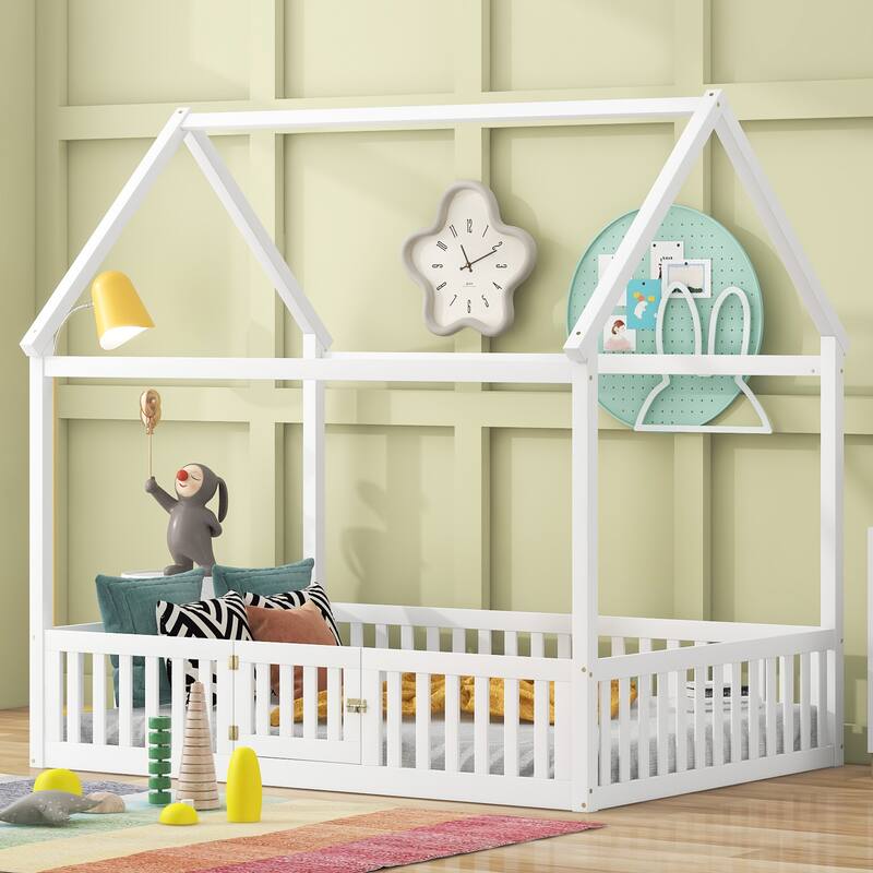 Full Size White Wood House Bed with Fence and Door for Kids