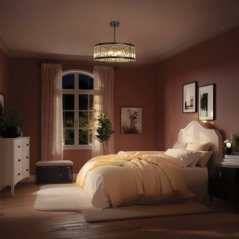 Modern Black 6-Light Crystal Drum Chandelier for Dining Room Kitchen Island - D 23.6" x H 72.9" Max