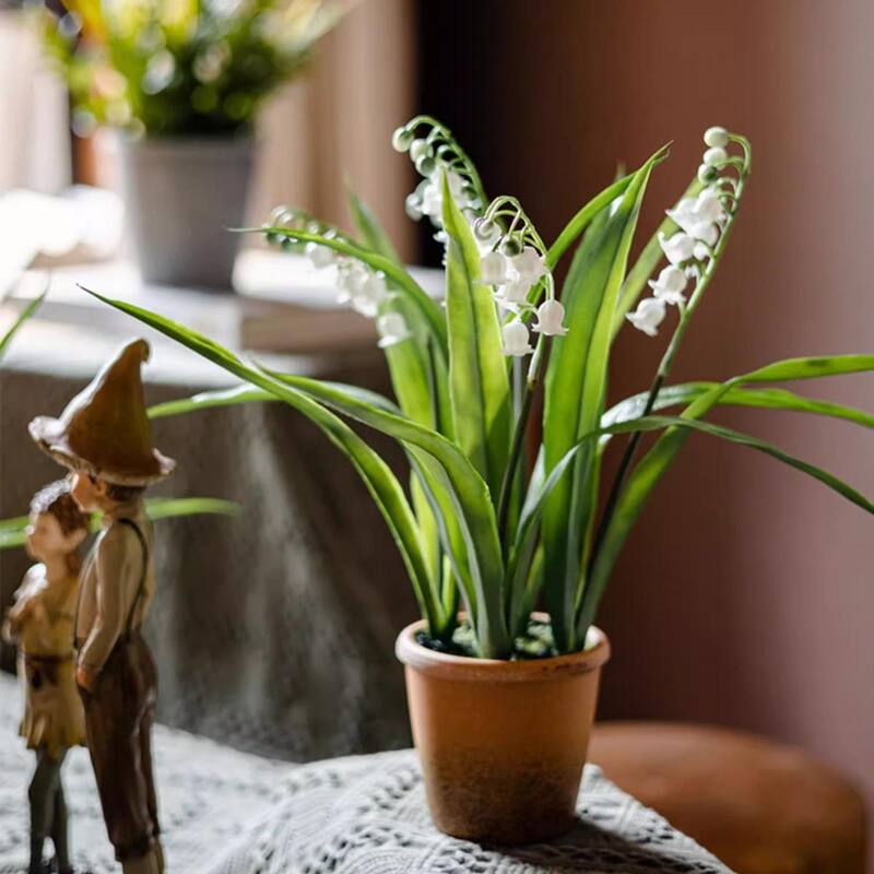 RusticReach Faux Lily of the Valley in Brown Pot - White