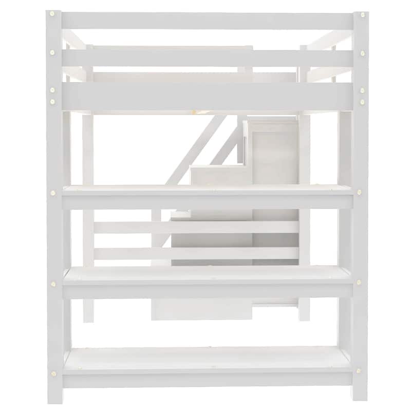 3-Tier Shelves Loft Bed White Wood Bed Frame with Storage Staircase and Safety Guardrail, Bright LED Lights Underneath