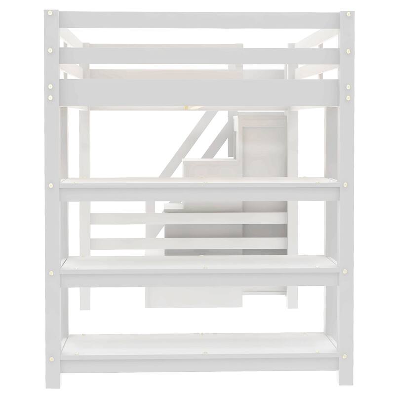 Twin/Full Size LED Loft Bed with Storage Staircase and Wardrobe, Solid Pine Wood High Loftbed Frame with 4 Layer Storage Shelves