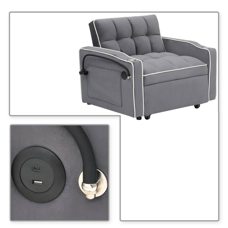 Multifunctional Velvet Upholstered Convertible Storage Futon Chair with Swivel Phone Stand