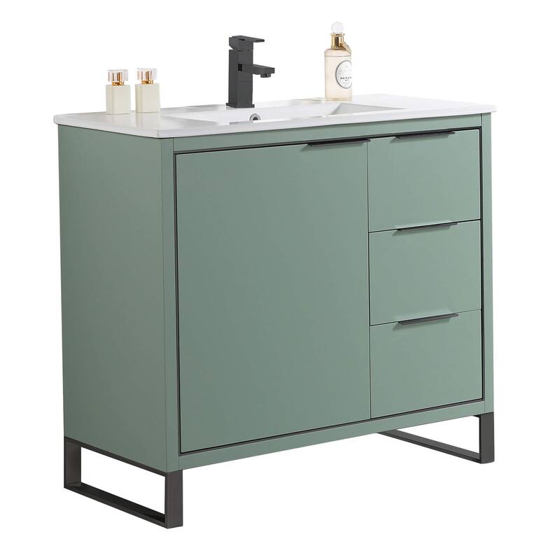 Fine Fixtures Opulence Collection Bathroom Vanity with White Ceramic Sink - 36 Inch - Mint Green - Black Hardware