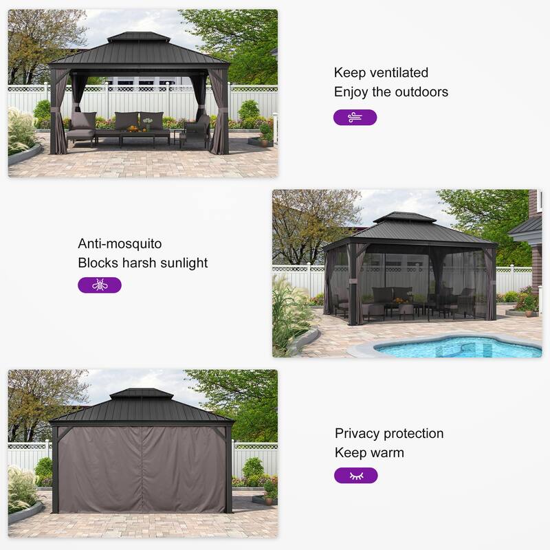 PURPLE LEAF Outdoor Galvanized Steel Hardtop Gazebo, Aluminum Frame Gazebo With Curtains