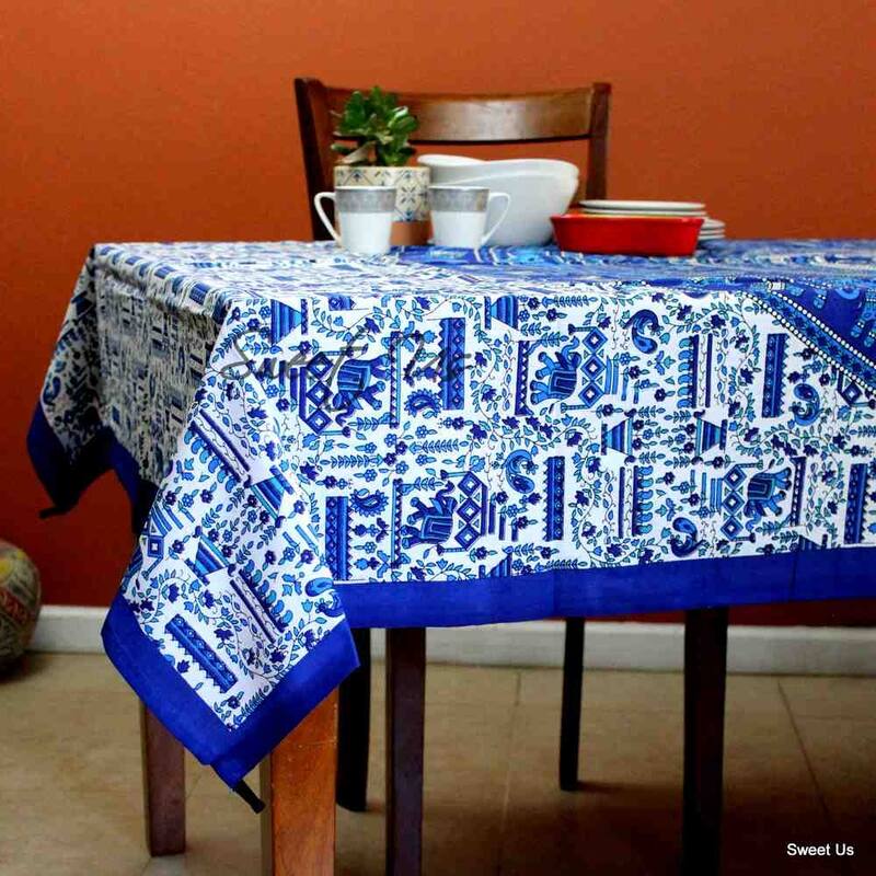 Cotton Elephant Floral Kingdom Tablecloth Rectangle - 54 x 84 in - Blue Elephant