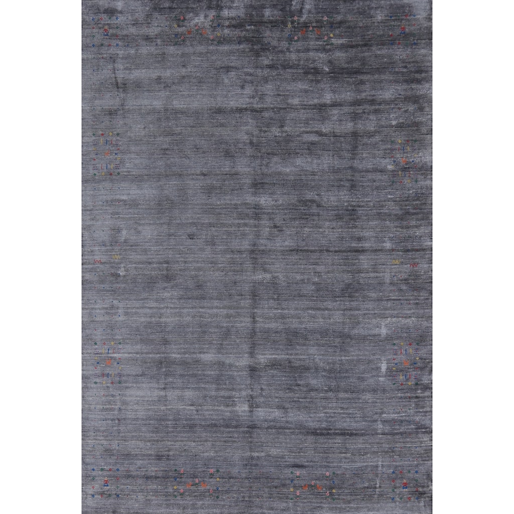 Hand Knotted Oriental Viscose Silk Carpet Tribal Animal Pictorial Greys & Charcoal Gabbeh Area Rug - 12' 1'' X 9' 0''