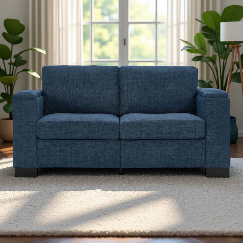 67.7" Polyester Modern Loveseat Sofa with Cup Holders, Hidden Storage and Square Arms - Blue