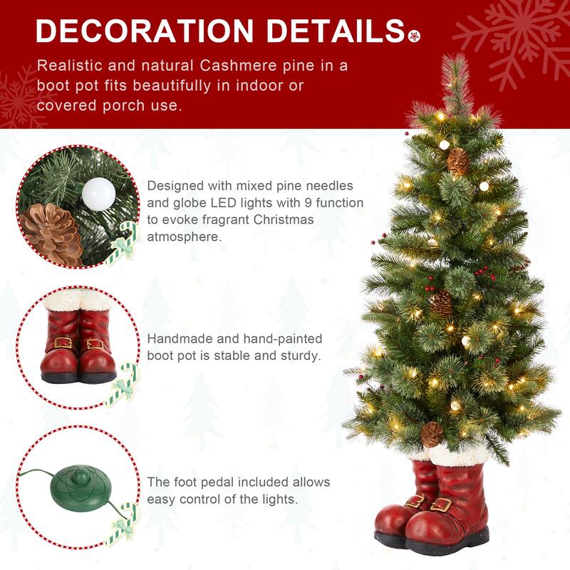 Glitzhome 4.5ft LED Lighted Christmas Tree with Santa Boots Base, Berry Bow Wreath, Garland Set for Front Door Entryway