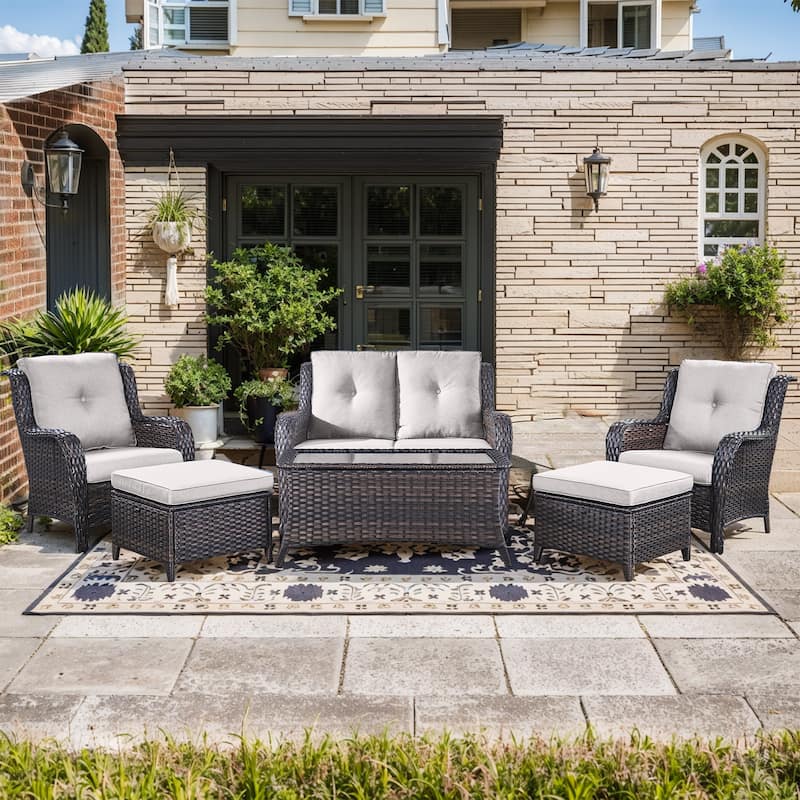Pocassy 6 Pieces Outdoor 2-Seat Sofa Chairs Table Ottoman - Brown Wicker - Beige cushion
