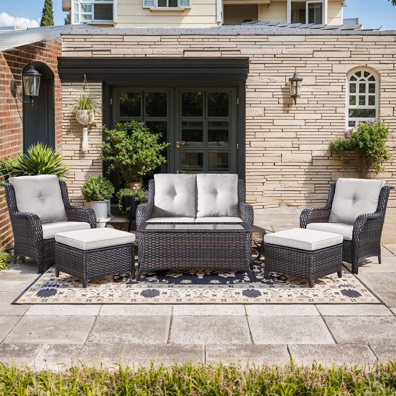 Pocassy Outdoor Sofa Chairs Table Ottoman - 6 Pieces 2-Seat Sofa Chair Table with Ottoman - Brown Rattan Beige Cushion
