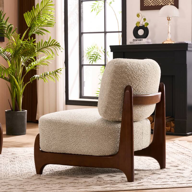 30"W Mid-Century Modern Accent Chair with Solid Wood Frame, Boucle Comfy Living Room Chair for Bedroom Lounge Reading Room