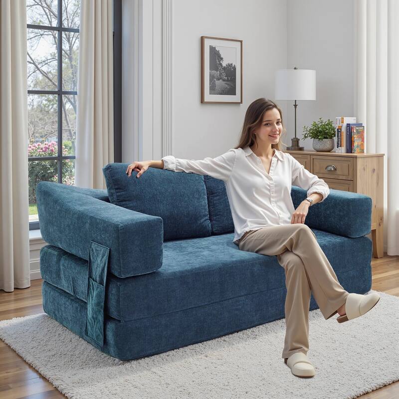 70.87" Upholstered Convertible Sleeper Sofa, Convertible Chair Floor Couch Comfy Sofa for Living Room, Bedroom, Chenille Fabric - Blue