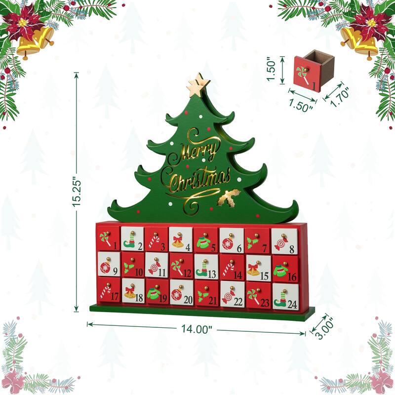 Glitzhome 15.25"H Lighted Wooden Christmas Tree Advent Calendar Decor - Multicolor