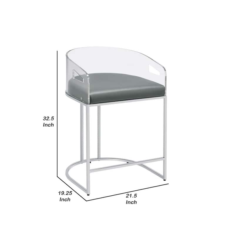 Con 31 Inch Set of 2 Modern Counter Stools, Clear Acrylic Back, Gray Seat