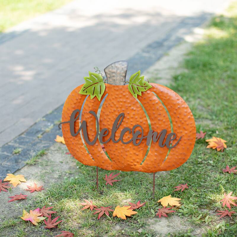 Glitzhome Fall Harvest Metal Yard Stake Hanging Decor for Thanksgiving (2-3 Functions)