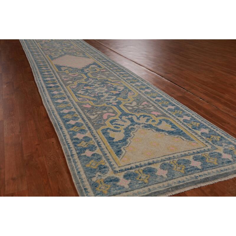 Hand Knotted Oriental 100% Wool Carpet Transitional Geometric Greys & Charcoal Oushak Runner Rug - 14' 1'' X 3' 2''