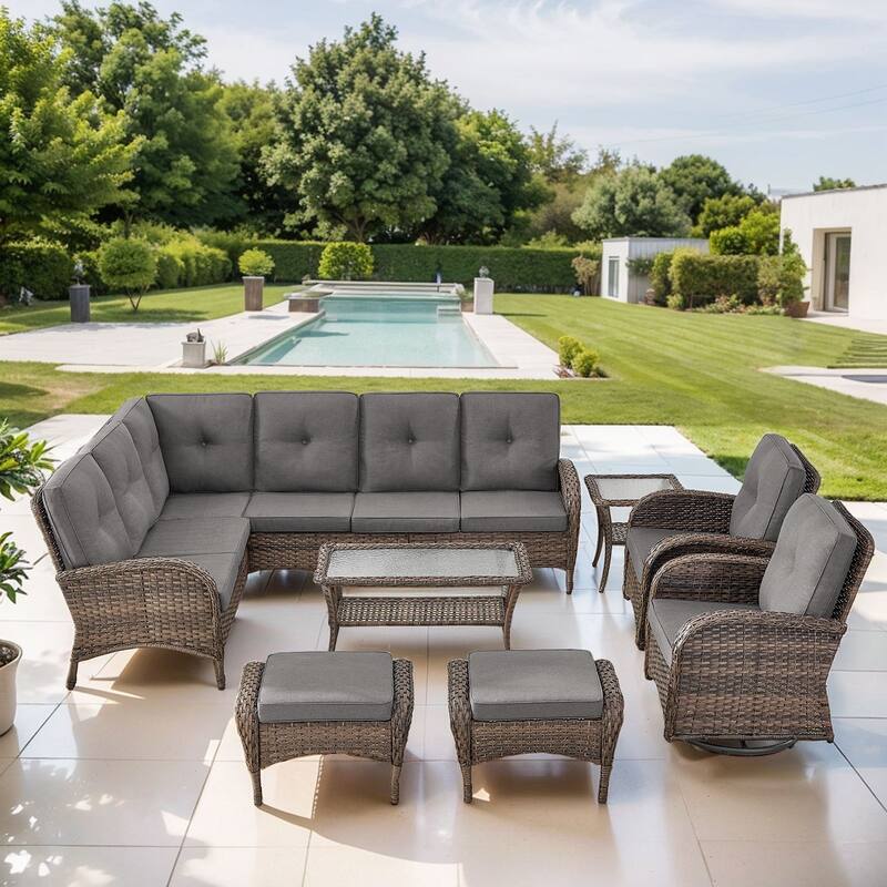 Gymojoy L-Shaped Outdoor Sectional Sofa Set, PE Wicker Couch with Water-Resistant Olefin Cushions - 7-Piece included Swivel Chairs - Grey